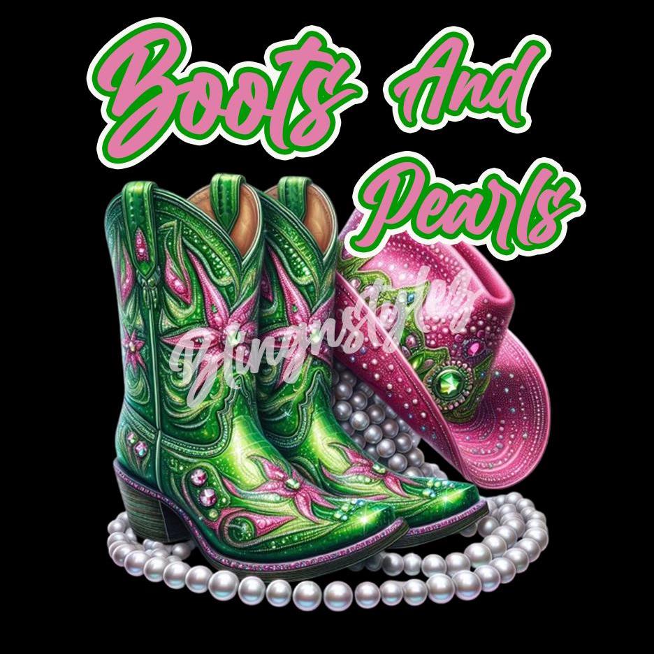 Pink N Green Boots and Pearls, PNG digital file