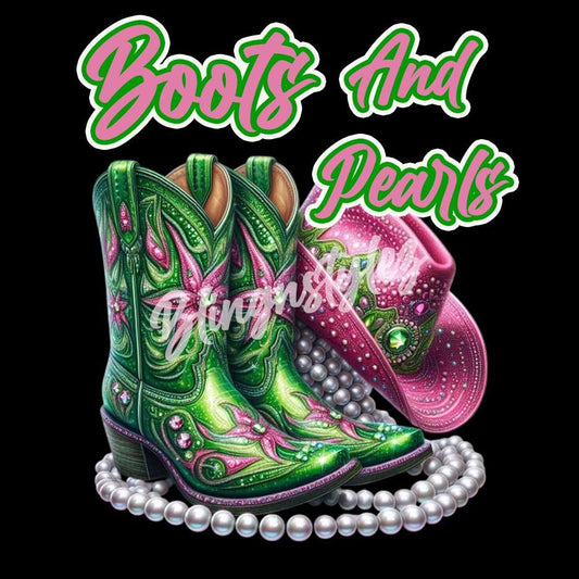 Pink N Green Boots and Pearls, PNG digital file