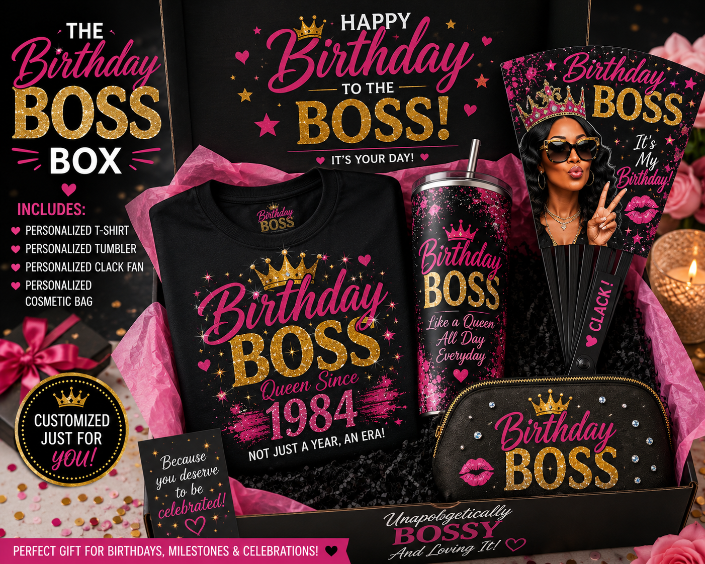 The Birthday Boss Ultimate Box- Personalized Birthday Gift Set | Birthday Queen Box | Custom Birthday Bundle