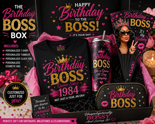 The Birthday Boss Ultimate Box- Personalized Birthday Gift Set | Birthday Queen Box | Custom Birthday Bundle